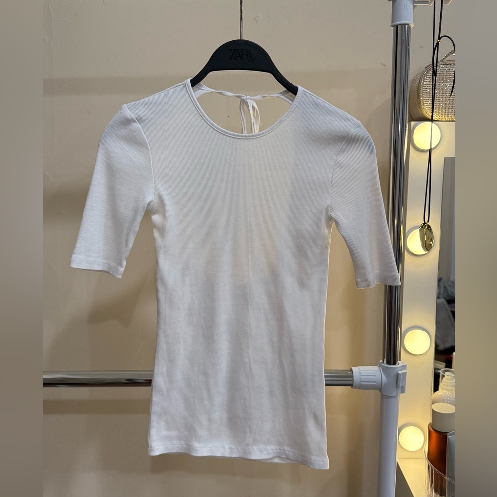 ZARA White Ribbed Open Back Top Size S Minimalist Tie Back